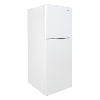 White apartment-size refrigerator with top freezer and two-door design