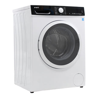 White front-load washer with round door and black control panel