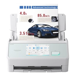 ScanSnap iX2500 scanning a color document, with its touchscreen and open document feeder visible.
